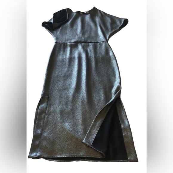 H&M Ladies Black & Silver Glitter Slit Cap Sleeve Fitted New Years Eve Dress - Picture 9 of 11